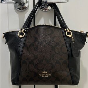 Coach (EUC) Kacey Satchel in Dark Brown Signature Canvas & Black Leather